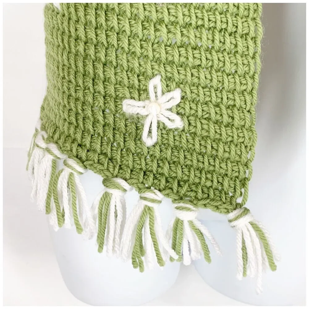 Hand Knit Neck Warmer Scarf Green White Daisy Flowers Boho Hippie Retro